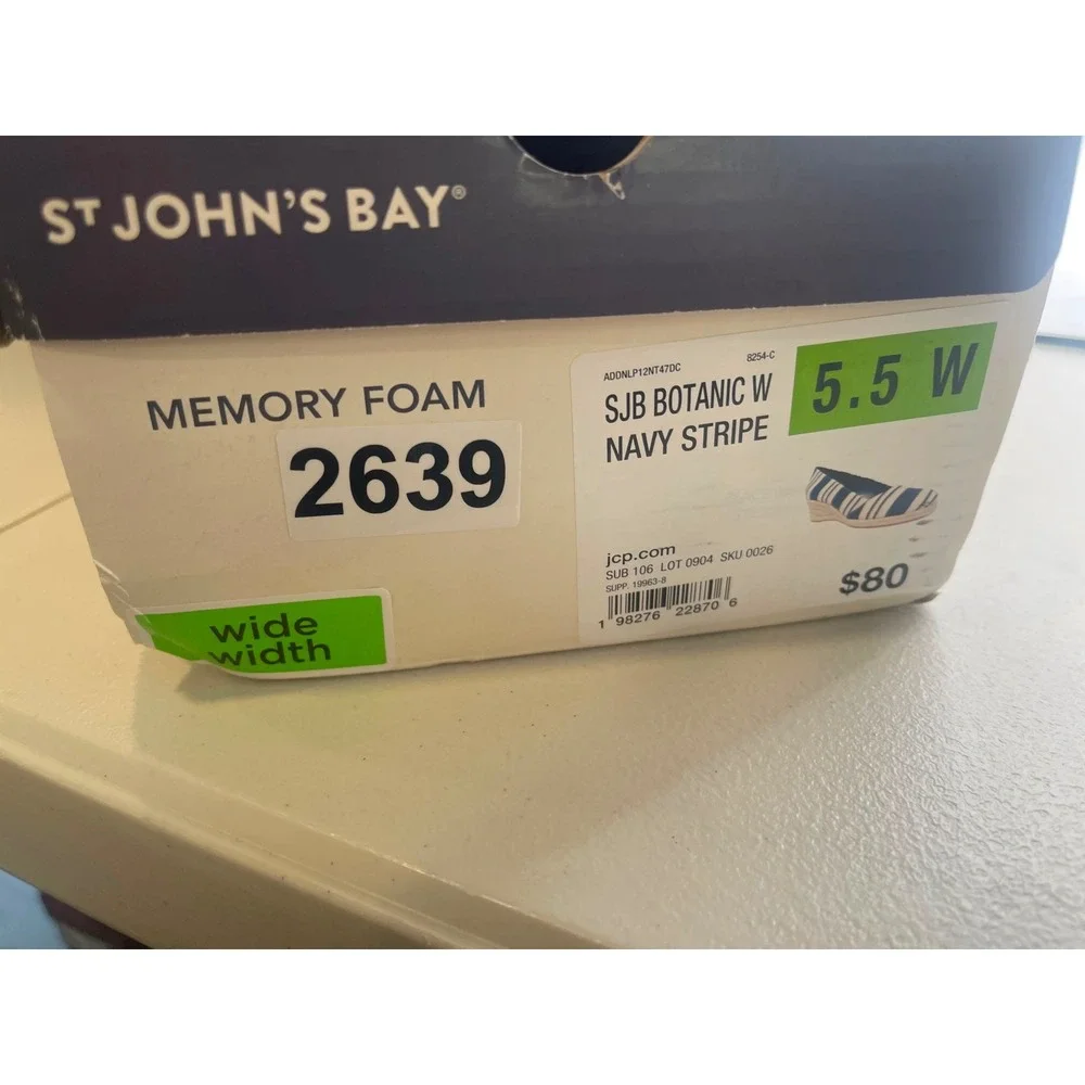 St Johns Bay Botanic Navy Stripe Espadrille Wedge Shoes 5.5W Wide Memory Foam